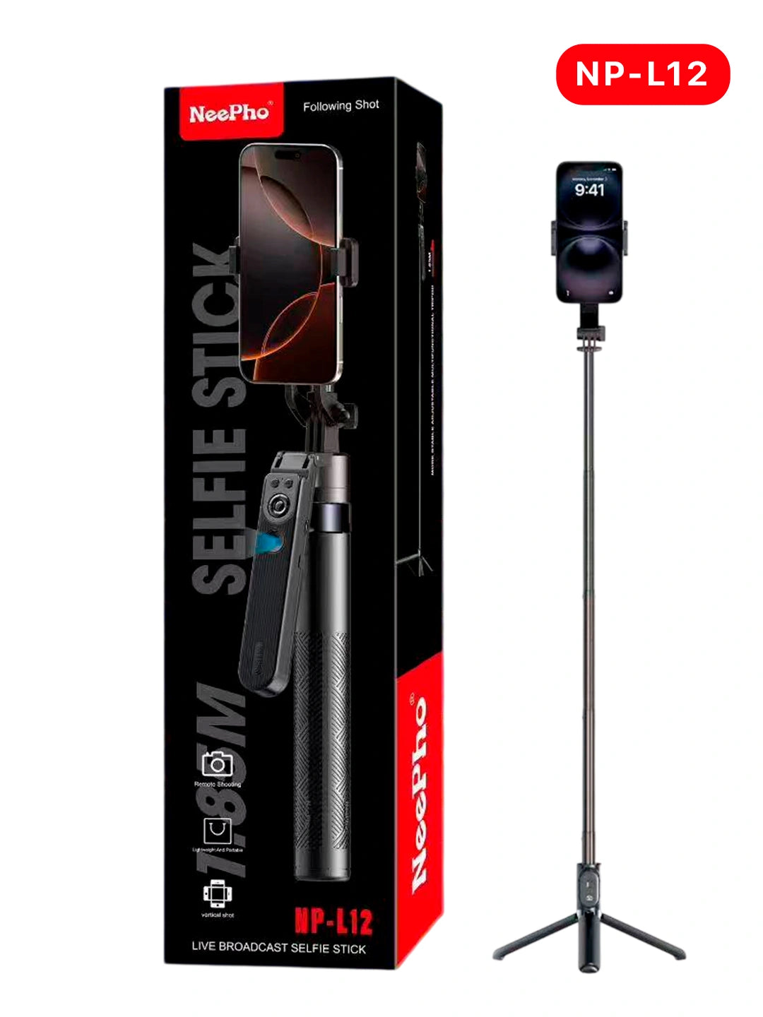 זוהי חצובת סלפי Neepho NP-L12 עם טכנולוגיית מעקב פנים.

מעקב חכם: כולל מעקב פנים אוטומטי חכם של 360 מעלות כדי לשמור אותך בתמונה.

עיצוב נפתח: המוט הטלסקופי נפתח עד כ-1.85 מטרים.

שלט רחוק: מגיע עם שלט Bluetooth אלחוטי נשלף לצילום תמונות או סרטונים מרחוק.