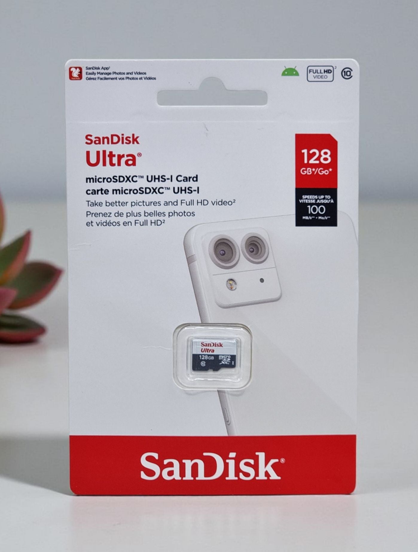 כרטיס זיכרון SanDisk Ultra microSDHC 128GB 100MB/s Class 10 UHS-I - חמש שנות אחריות ע"י היבואן הרשמי